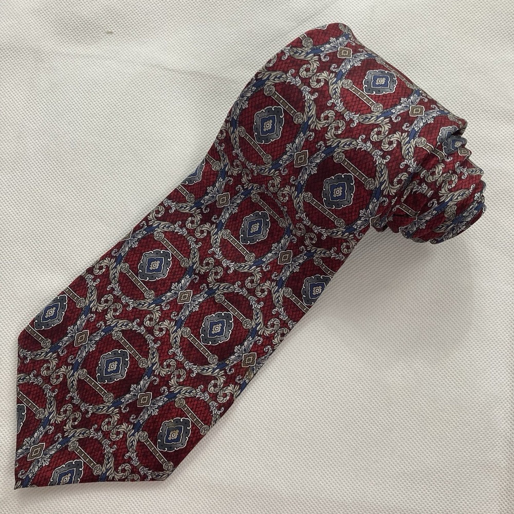 Vintage Johnny Carson 100% Silk Tie Red Blue Silver Geometric Medallion 57" x 4"